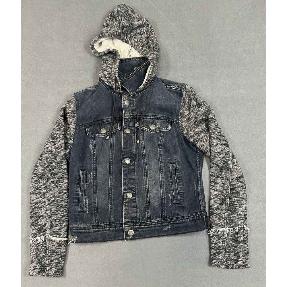 Free People Jean Jacket Womens Size Small Distressed Denim Hooded Boho